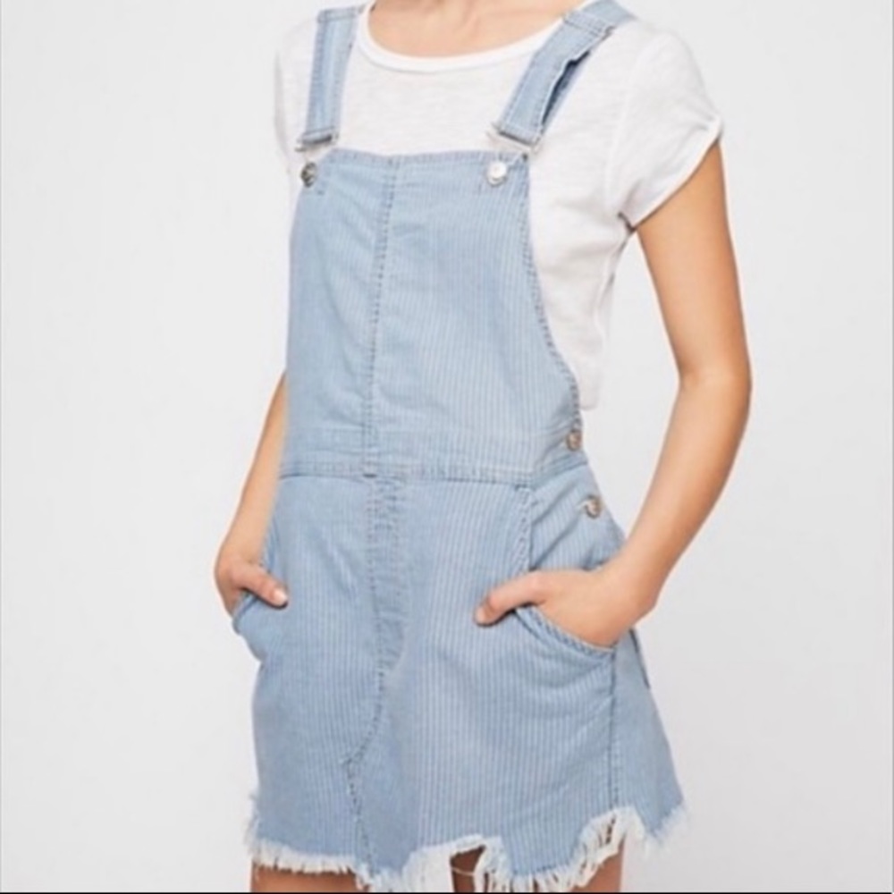 FREE PEOPLE Striped Fringed Distressed Overall Dress